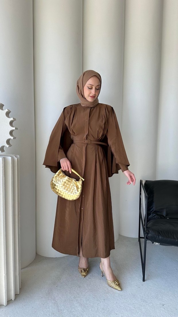 Kahverengi Uzun Kollu Drapeli Kadın Elbise - Görsel 3