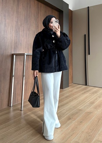 Siyah kürklü midi boy mont - Görsel 2