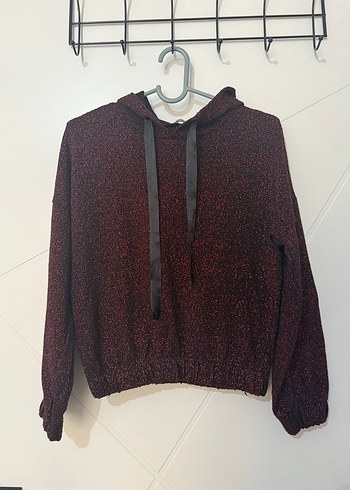 Bordo Kapüşonlu Örme Kadın Sweatshirt