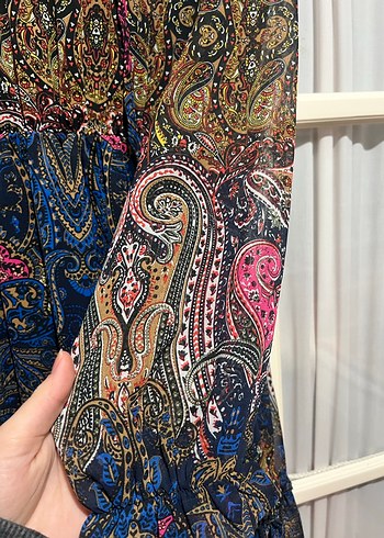 Uzun Kollu Bohem Desenli Mini Elbise - Görsel 3