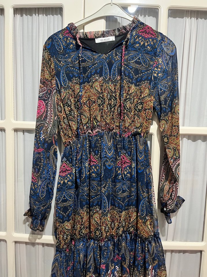 Uzun Kollu Bohem Desenli Mini Elbise - Görsel 2