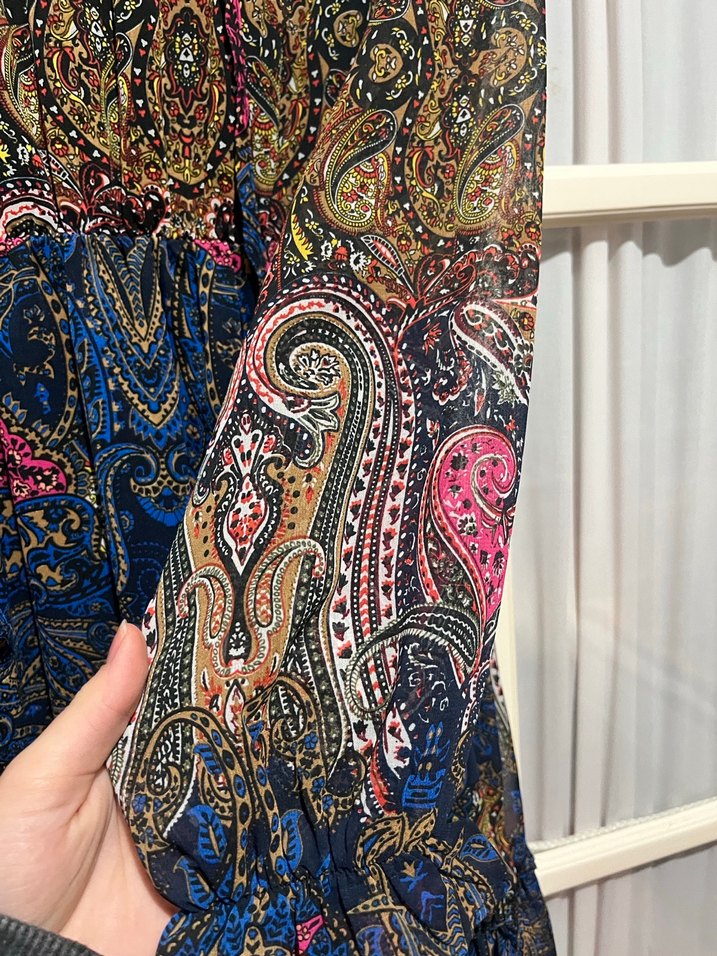 Uzun Kollu Bohem Desenli Mini Elbise - Görsel 3