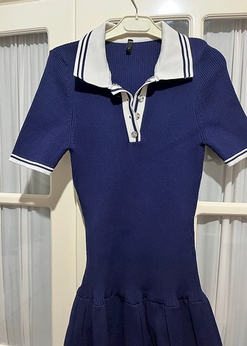 Lacivert Pilili Polo Yaka Kadın Elbise - Görsel 7