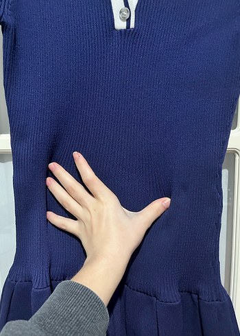 Lacivert Pilili Polo Yaka Kadın Elbise - Görsel 8