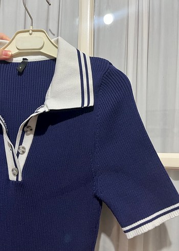 Lacivert Pilili Polo Yaka Kadın Elbise - Görsel 10