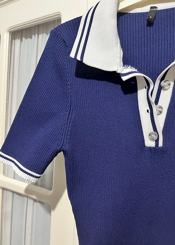 Lacivert Pilili Polo Yaka Kadın Elbise - Görsel 6