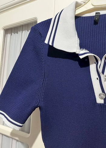 Lacivert Pilili Polo Yaka Kadın Elbise - Görsel 5