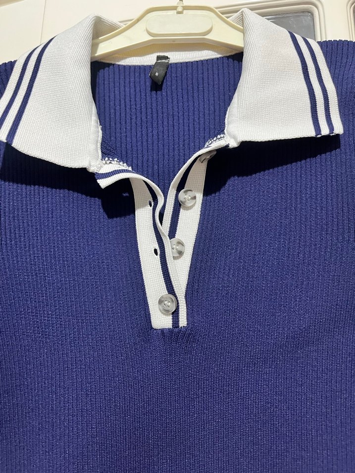 Lacivert Pilili Polo Yaka Kadın Elbise - Görsel 4