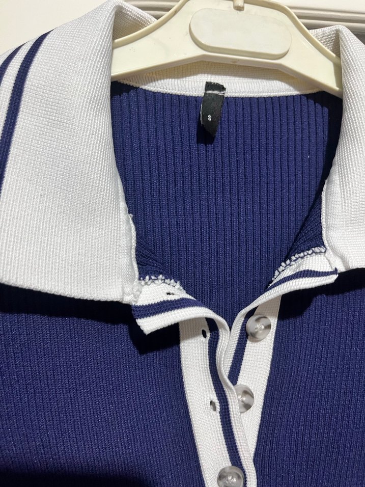 Lacivert Pilili Polo Yaka Kadın Elbise - Görsel 3