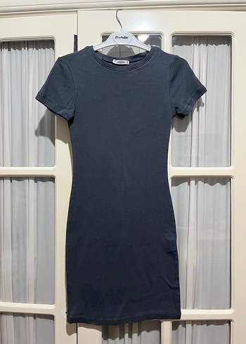 Gri Kısa Kollu Midi Basic Elbise - Görsel 6