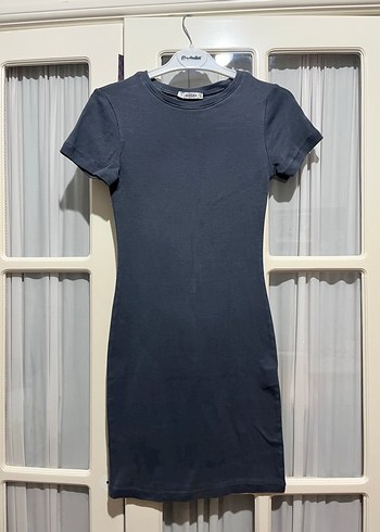 Gri Kısa Kollu Midi Basic Elbise - Görsel 7