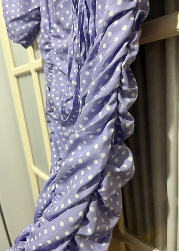 Mor Puantiyeli Drapeli Midi Elbise - Görsel 9