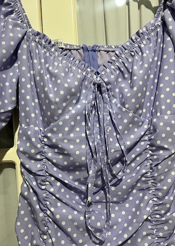 Mor Puantiyeli Drapeli Midi Elbise - Görsel 6