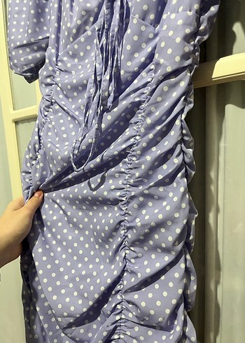 Mor Puantiyeli Drapeli Midi Elbise - Görsel 11