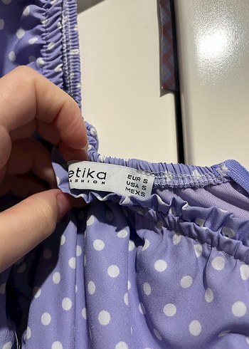 Mor Puantiyeli Drapeli Midi Elbise - Görsel 4