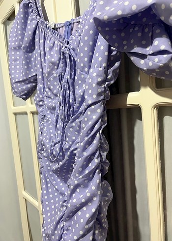 Mor Puantiyeli Drapeli Midi Elbise - Görsel 10