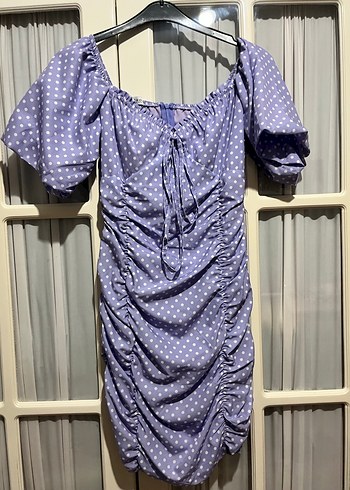 Mor Puantiyeli Drapeli Midi Elbise - Görsel 8