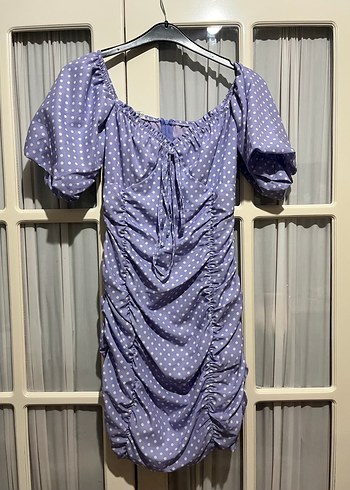 Mor Puantiyeli Drapeli Midi Elbise - Görsel 2