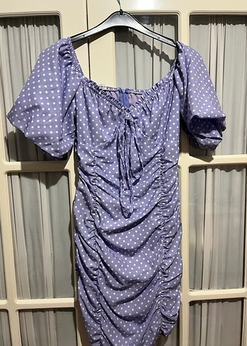 Mor Puantiyeli Drapeli Midi Elbise - Görsel 3