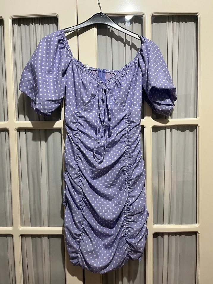 Mor Puantiyeli Drapeli Midi Elbise - Görsel 2