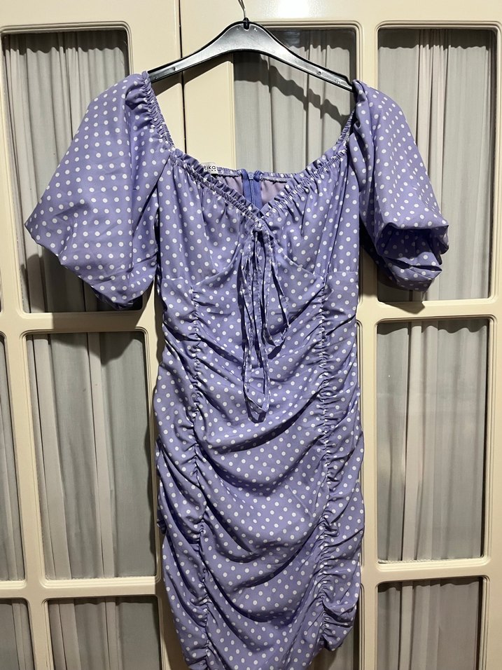 Mor Puantiyeli Drapeli Midi Elbise - Görsel 3