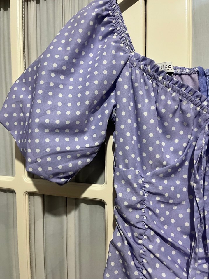 Mor Puantiyeli Drapeli Midi Elbise - Görsel 5