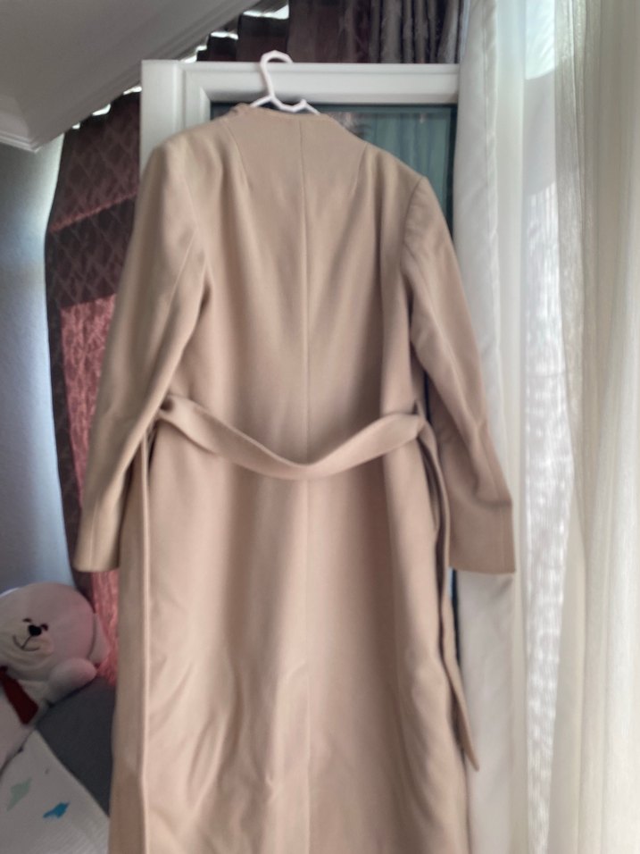 Bej Midi Kadın Palto Düğmeli, Uzun Kollu - Görsel 5