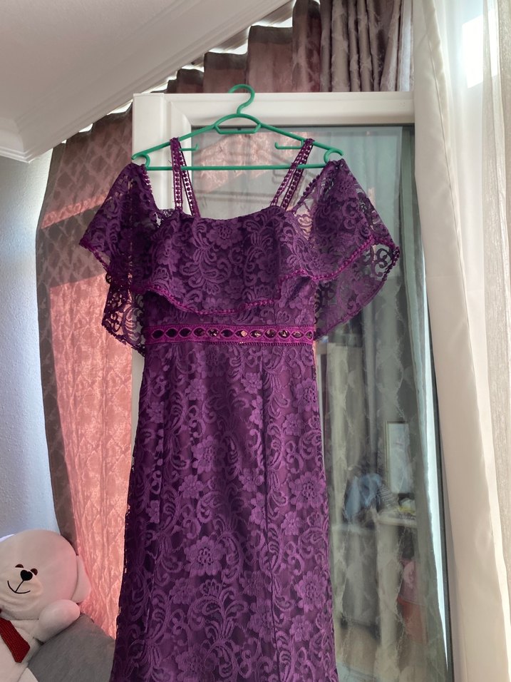 Mor Dantel Uzun Abiye Elbise - Görsel 2