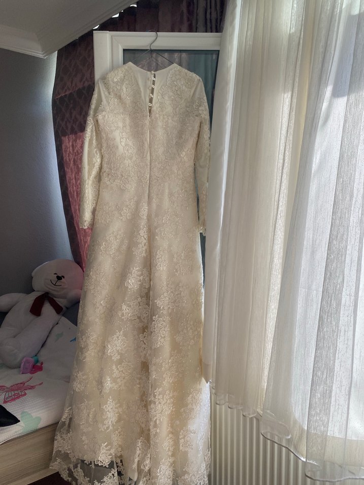 Parlak Beyaz Vintage A-Line Uzun Kollu Gelinlik - Görsel 4