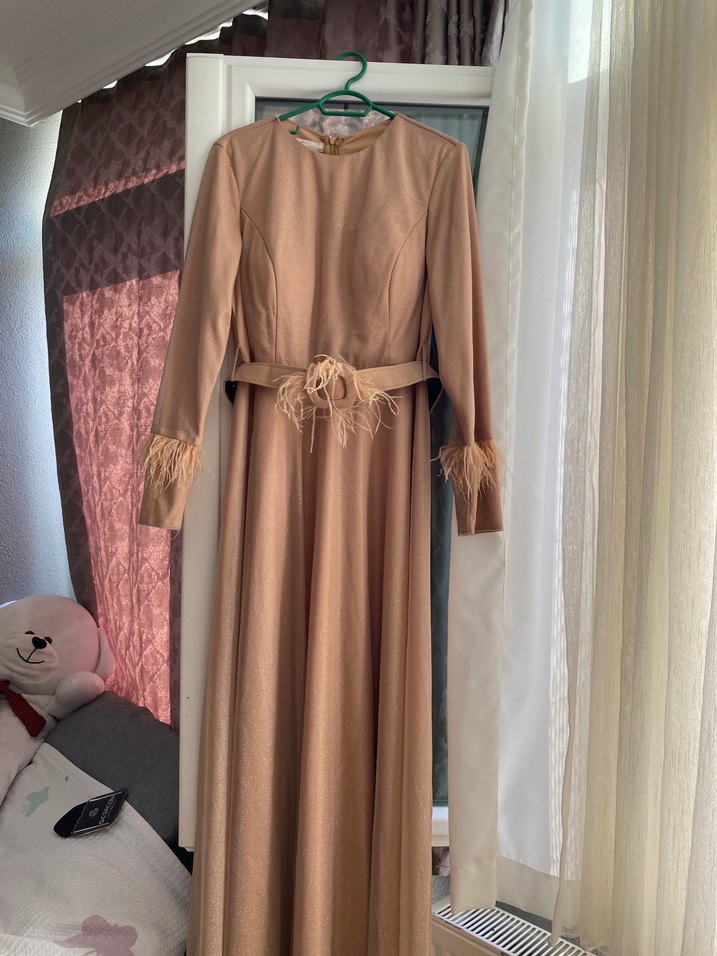 Bej Uzun Kollu Bohem Uzun Abiye Elbise - Görsel 2