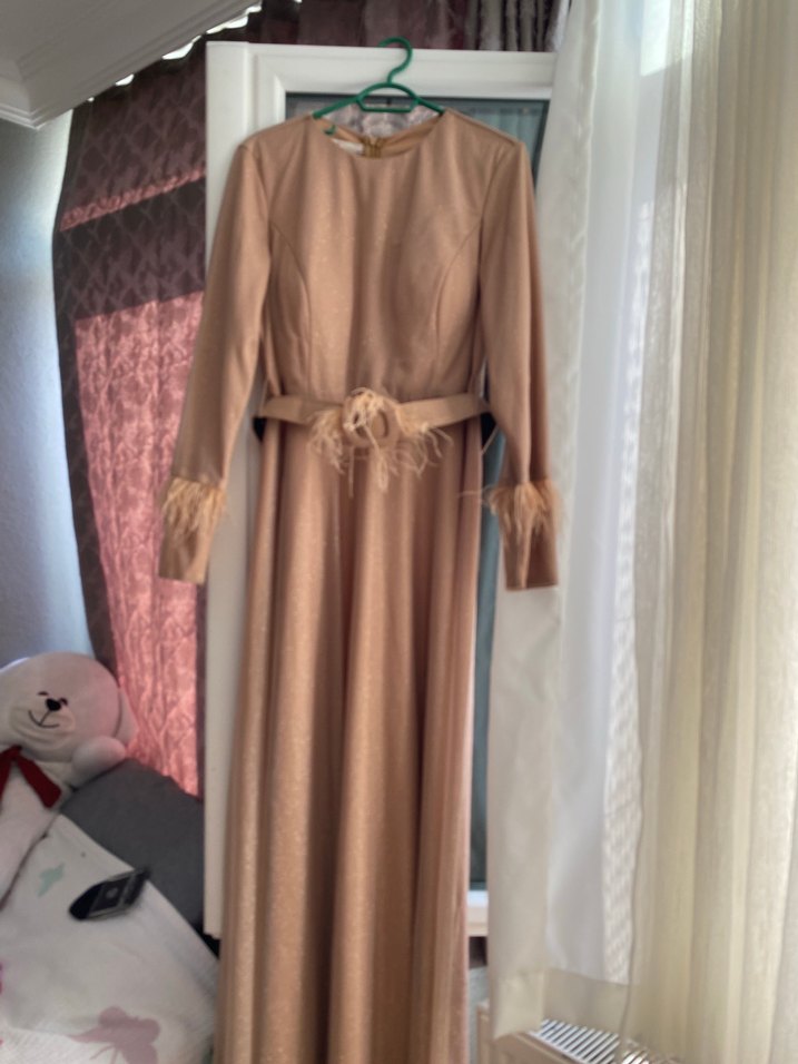 Bej Uzun Kollu Bohem Uzun Abiye Elbise - Görsel 3