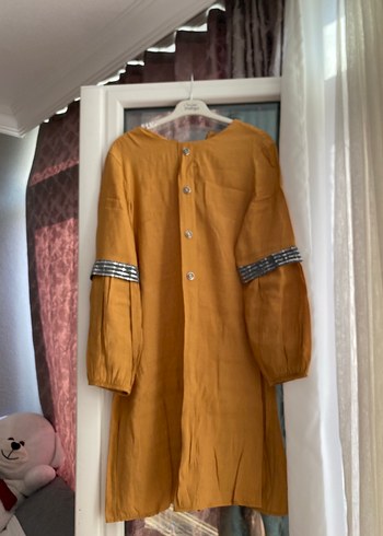 Sarı Uzun Keten Tunik, Düğmeli, Bol Kesim - Görsel 2