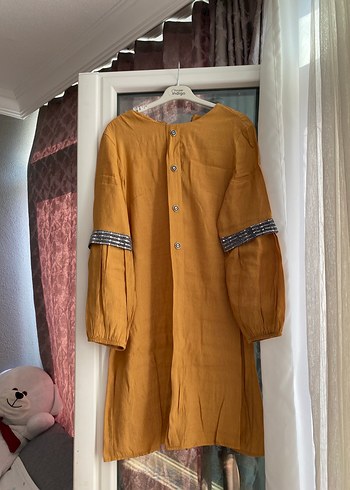 Sarı Uzun Keten Tunik, Düğmeli, Bol Kesim - Görsel 3