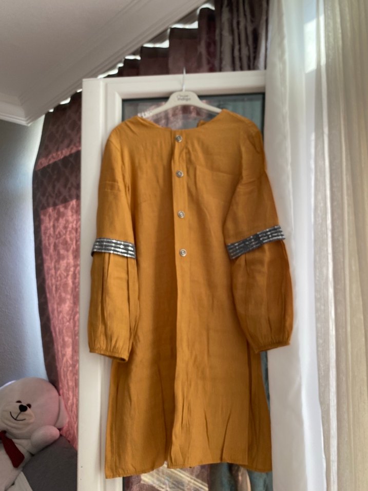 Sarı Uzun Keten Tunik, Düğmeli, Bol Kesim - Görsel 2