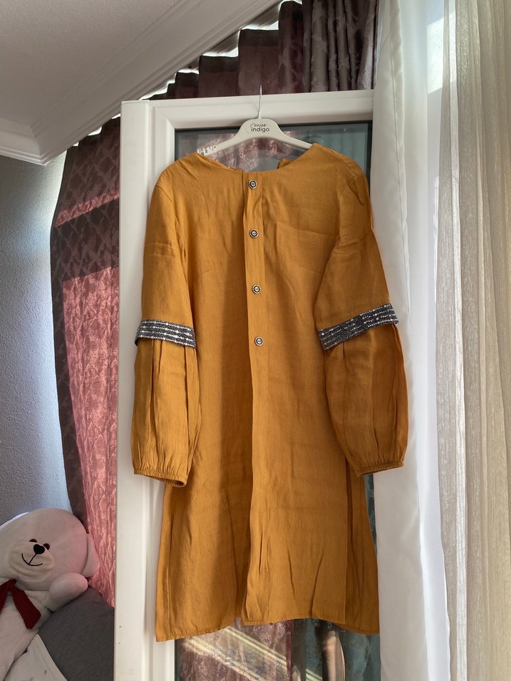 Sarı Uzun Keten Tunik, Düğmeli, Bol Kesim - Görsel 3