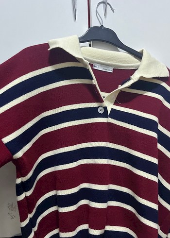 Düğmeli Bordo Çizgili Kadın Triko - Görsel 3