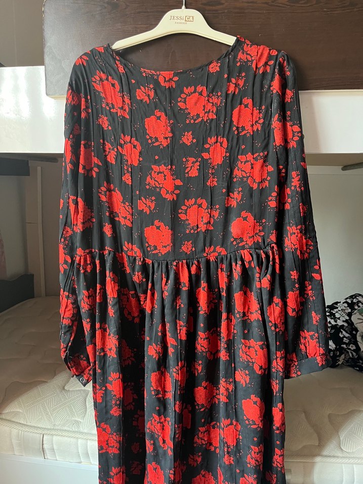 Kırmızı Siyah V Yakalı Uzun Bohem Elbise - Görsel 3