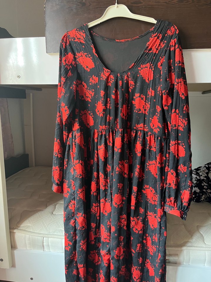 Kırmızı Siyah V Yakalı Uzun Bohem Elbise - Görsel 2