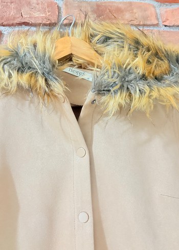 Kürk Detaylı Bej Süet Uzun Kadın Kaban - Görsel 5