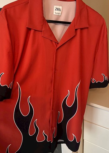 Düğmeli Kısa Kollu Koyu turuncu siyah alev  Baskılı Erkek Gömlek - Görsel 4