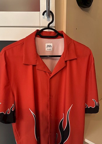 Düğmeli Kısa Kollu Koyu turuncu siyah alev  Baskılı Erkek Gömlek - Görsel 5