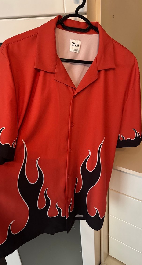 Düğmeli Kısa Kollu Koyu turuncu siyah alev  Baskılı Erkek Gömlek - Görsel 4