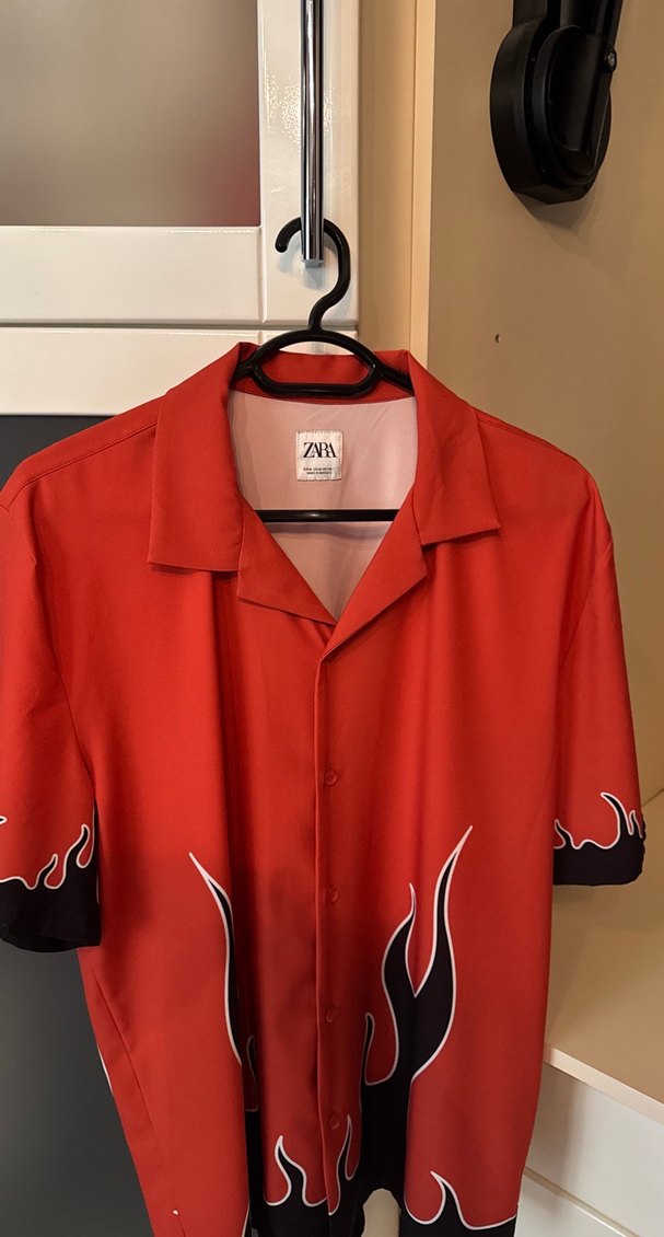 Düğmeli Kısa Kollu Koyu turuncu siyah alev  Baskılı Erkek Gömlek - Görsel 5