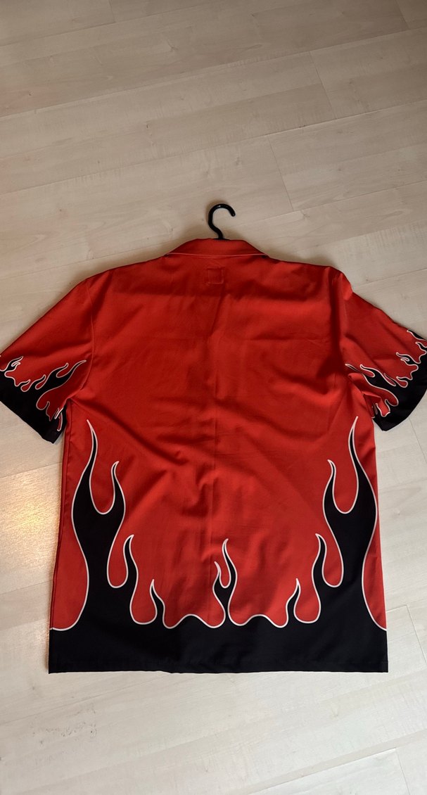 Düğmeli Kısa Kollu Koyu turuncu siyah alev  Baskılı Erkek Gömlek - Görsel 2