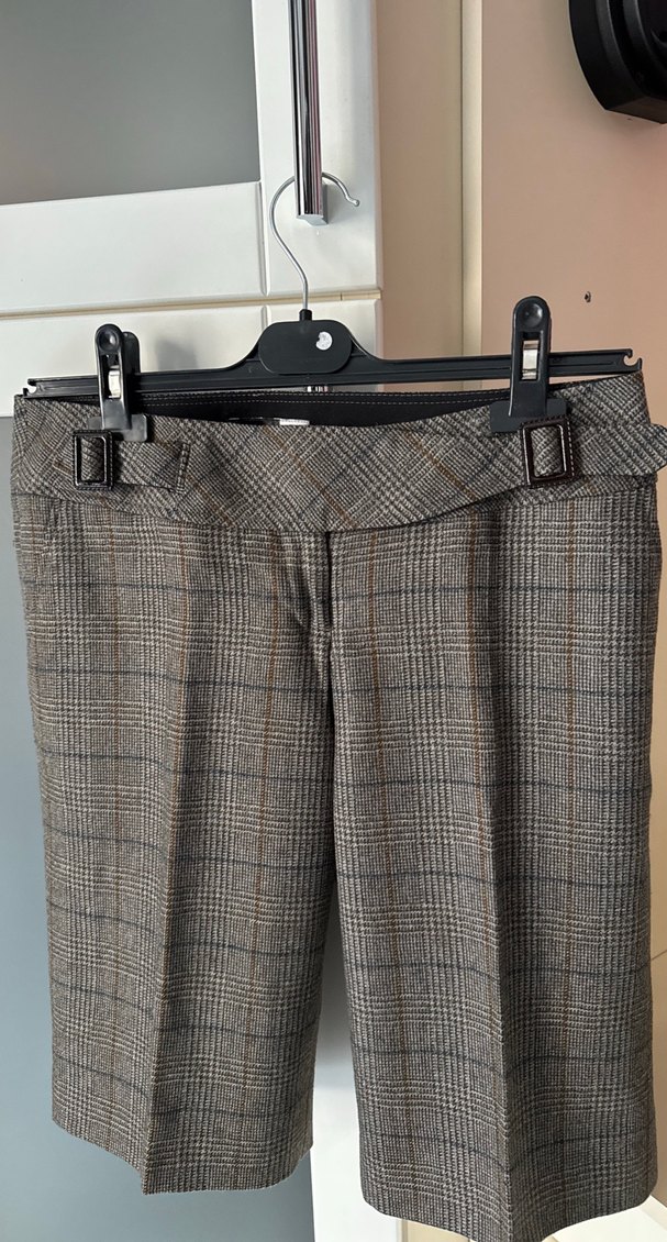 Kemerli Kahverengi Gri Mini Kumaş Pantolon - Görsel 3