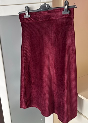 Bordo Kadife  Düğmeli Midi Kadın Etek - Görsel 2