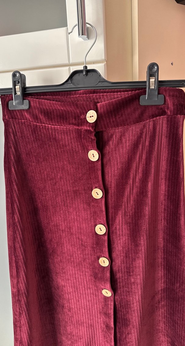 Bordo Kadife  Düğmeli Midi Kadın Etek - Görsel 3