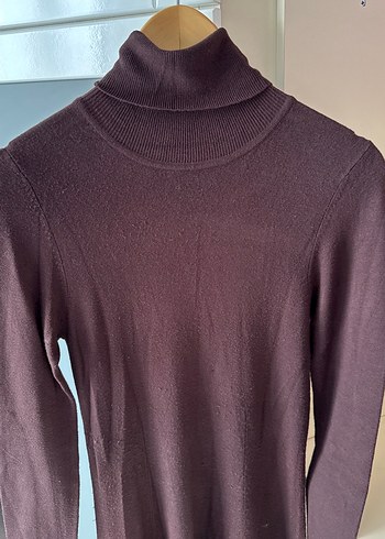 Kahverengi Yünlü Yüksek Yakalı Triko Elbise - Görsel 2