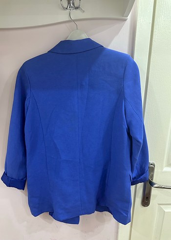 Mavi Düğmeli Kadın Keten Blazer Ceket - Görsel 2