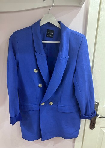 Mavi Düğmeli Kadın Keten Blazer Ceket - Görsel 3